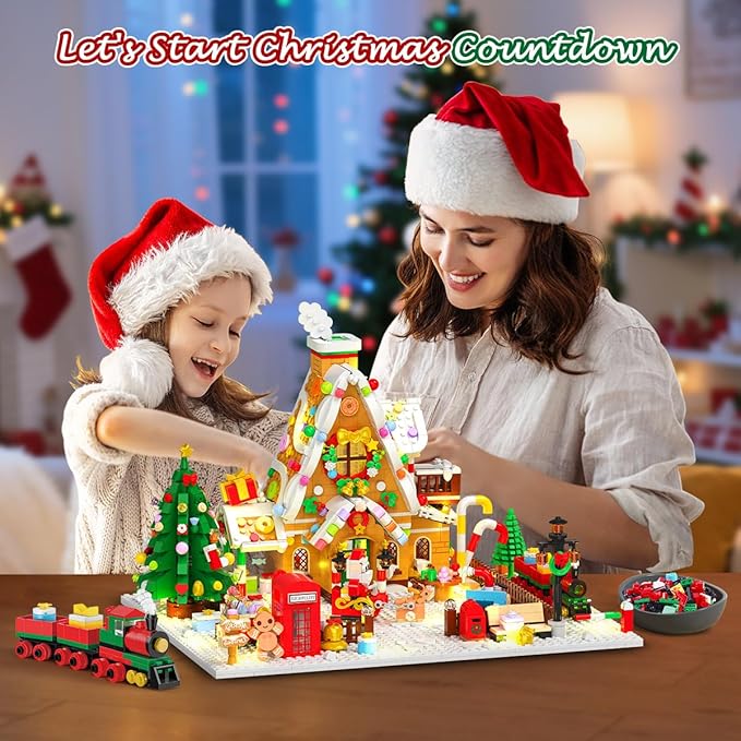 Advent Calendar 2025 Gingerbread House Mini Building Set with Lights 24 Days Christmas Countdown Building Block Kit with Xmas Tree Train Holiday Gift Toy for Adults Teens Girls Boys Ages 10+