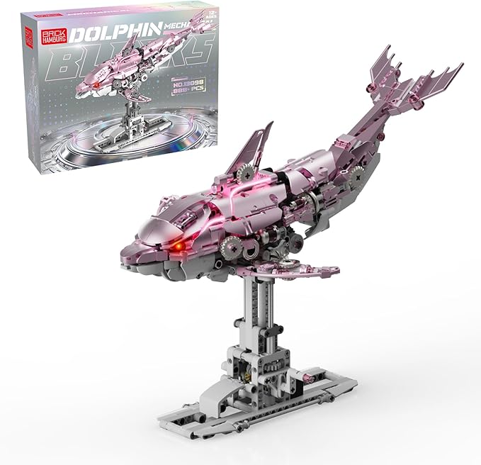 888-PCS Mechanical Pink Dolphin Building Set with LED Light Movable Linkage Gears Display Stand - Ocean Building Block Toy for Adults Teens Kids Age 12+