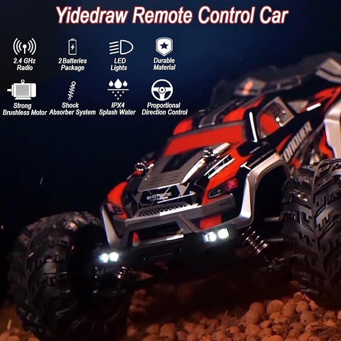 1:16 Scale RC Cars for Adults High-Speed 4WD Offroad Hobby Remote Control Truck 50km/h Fast 2.4GHz All Terrain RC Monster Buggy with 2 Batteries (RTR/Red)