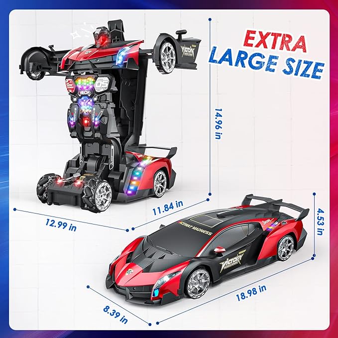 Holyton 1:10 Scale Transforming RC Car &amp Robot with Gesture Control 80 Mins Play (2 Batteries) One-Button Transformation LED Lights &amp Sound Effects – STEM Gift for Boys &amp Girls Ages 5-1