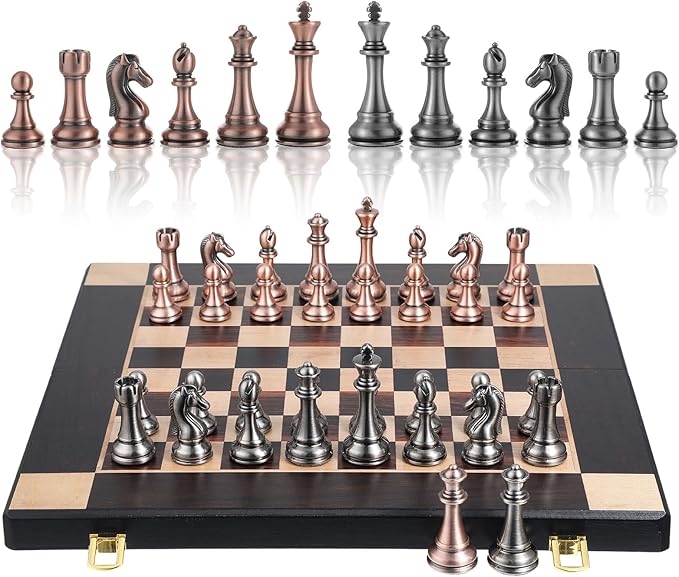 15-Inch Large Metal Chess Set for Adults and Kids with Metal Chess Pieces – Foldable Wooden Board with Storage Portable Classic Game Set for Travel &amp Home Elegant Gift for Chess Enthusiasts