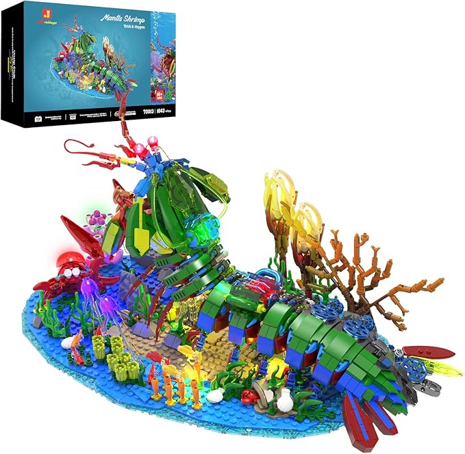 JMBricklayer Mechanical Mantis Shrimp Building Blocks Set with LED Lights Sea Creatures Ocean Animal Model Building Toys with Jellyfish Crabs Coral Reef Sea Creative Display Gift for Adults Kids 14+