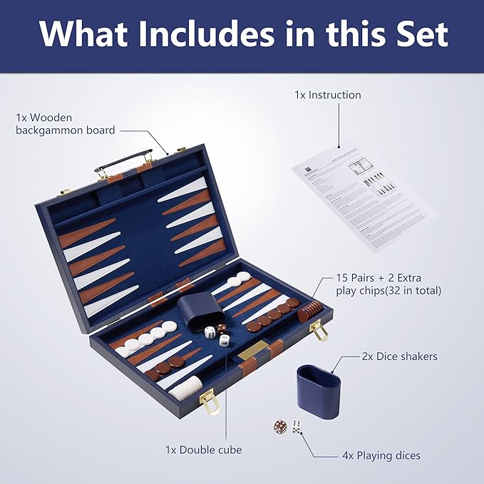 15 inch Backgammon Sets for Adults - Classic Board Game with Premium Sea Blue Leather Case - Travel Backgammon Set for 2 Players - Portable Strategy Board Games for Gifts &amp Family Fun