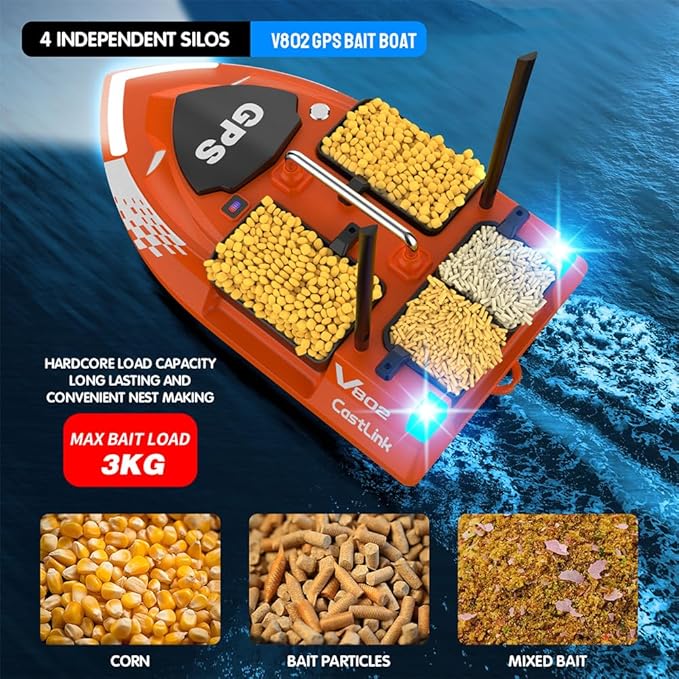 4 Boxes GPS RC Bait Boat for Fishing with 6.6lbs Load Capacity 18000mAh Battery &amp Dual Motor&ampAntena for 500M Long-Range Bait Deployment Fish Bait Boats with Stern Hook System for Fishing