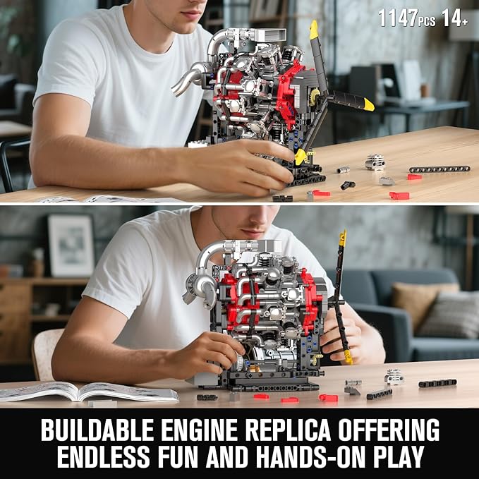 Mould King 10211 Aircraft Engine Model That Works 1147PCS Transmission Engine Battery/Motor Building Sets STEM Toy Gift for 14+ Teens &amp Adults V8 Engine Series for Display Collection