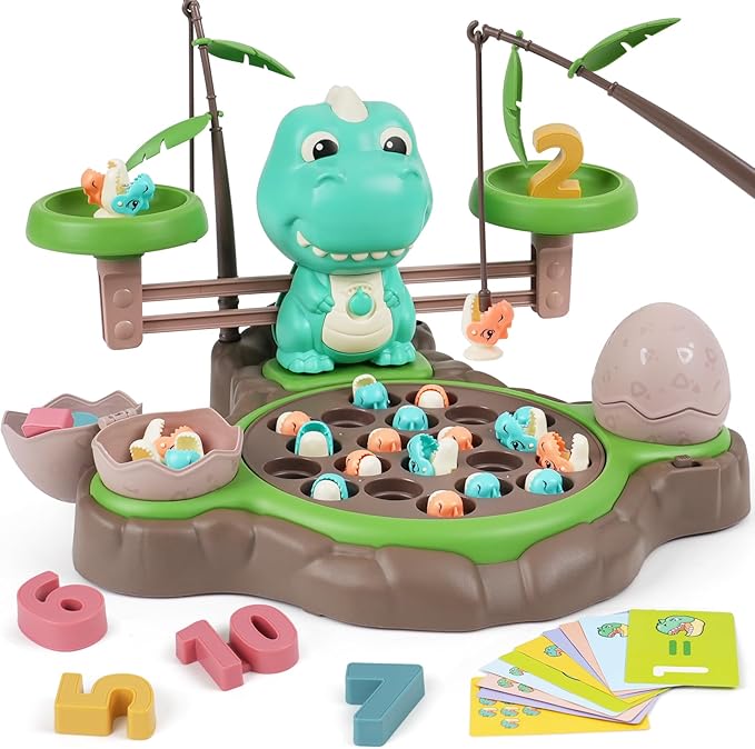 Magnetic Dinosaur Fishing Game for Kids Best Birthday Gift for 3-5 5-7 Year Old Boys &amp Girls 2-in-1 360° Rotation Fishing Toy with Balance Scale &amp Counting Player Board Game for Toddlers