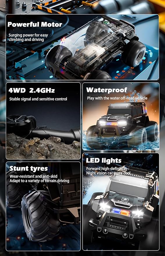 Amphibious Remote Control Car Waterproof Monster RC Cars 4WD All Terrain Off-Road Stunt Vehicle Toys with 2.4 GHz LED Lights for 6 7 8 9 10 11 12+ Year Old Kids Boys Girls Gifts Presents (Black)