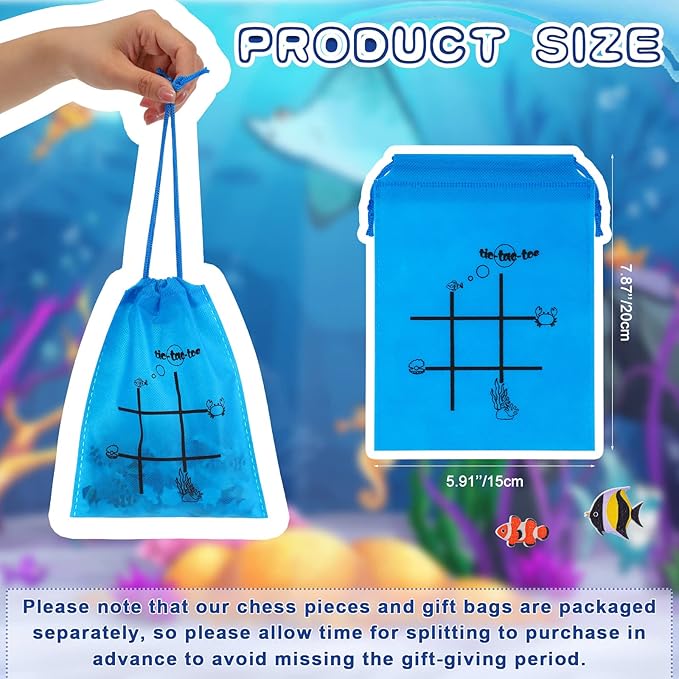 Sotiff 36 Set Tic Tac Toe Game Bulk for Boys Girls Ocean Tropical Fish Gifts Blue Tic Tac Toe with Bag Classroom Prizes Games for Students School Exchange Birthday Party Favor Supplies 5.9x7.9''