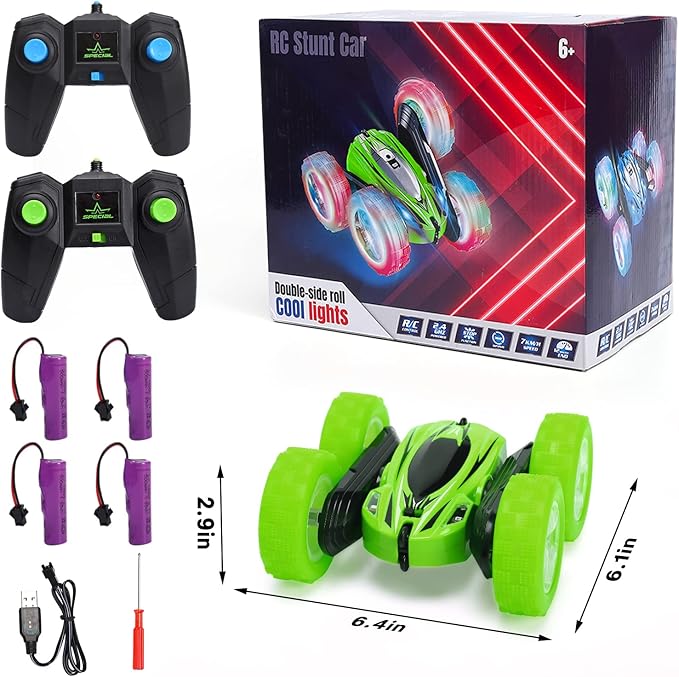 2 Pack Remote Control Car Toys for Kids RC Stunt Cars with Wheel Lights 2.4GHz Drift High Speed 4WD Off Road Double Sided 360° Rotating Cars for Boys Girls