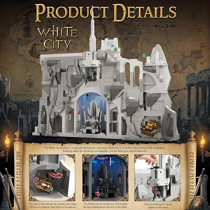 Medieval The Rings White Castle Architecture Sets for Adult Building with Lights Movie Modular Collectible for Fans Gift Toy for Men and Women (2318 Pcs)