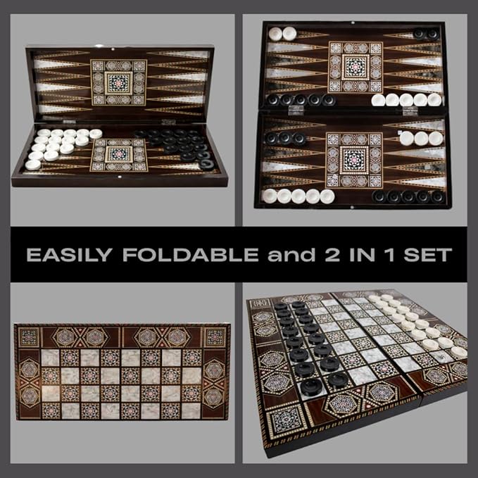 Park&ampOz Pearl Premium Turkish Backgammon and Checkers Set 19 Inch Handmade 2 in 1 Wooden Board Game with Glossy Finish Luxury Checkers and Dice Travel Friendly and Foldable
