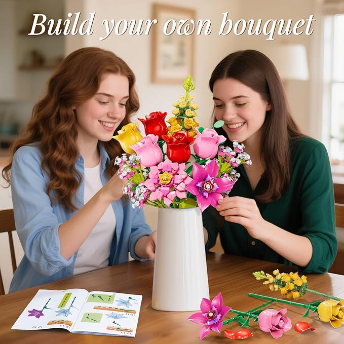 Flowers Bouquet Building Set Pink Roses Flores Set for Adults 765 PCS Botanical Collection Building Block Toy Home Decor Gifts for Valentine's Day Birthday Artificial Flowers for Women Kids 6+