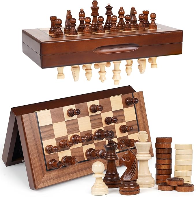 2 in 1 Magnetic Wooden Chess and Checkers Board Game Set 12 Folding Chess Boards Portable Travel Chess Sets with Pieces Storage Slots Beginner Chess Game Set for Kids and Adults