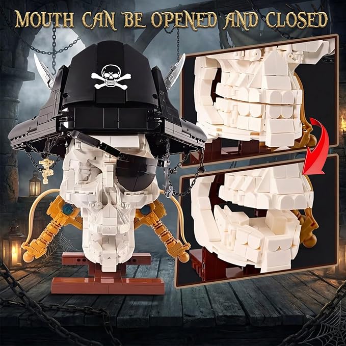 Gothic Pirate Skull Building Set for AdultsHorror Skeleton Head Model with Display Base Cool Unique Ideal Building Block Sets for Home Table Decor (1167 PCS)