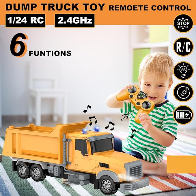 Remote Control Construction Dump Truck Toy RC Vehicle6 Channel Trucks Toys with 2 Rechargeable Batteries1/24 Scale Dump TrucksBirthday Gifts Ideas for Boys Age 3-8 Year Old