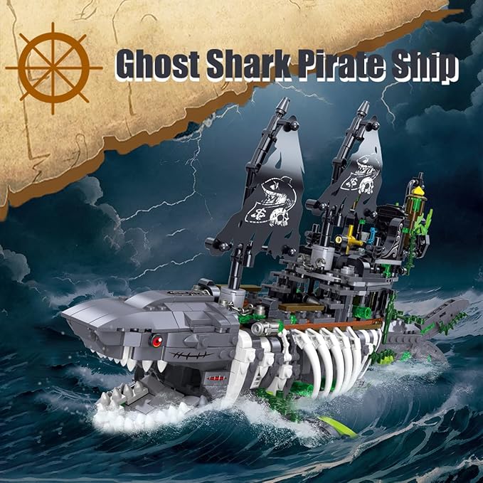 Ghost Shark Pirate Ship Mini Building Blocks Set (1155 Pieces) Building Set Model Toys Gifts for Kid and Adult Interesting Gifts for Pirate Ship Enthusiasts