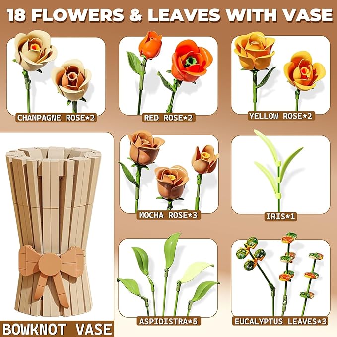 Bagari Roses Bouquet Building Set - Artificial Flowers Building Blocks with Vase Compatible with Lego Kit for Adults - Collection for Home Office Decor Gifts for Women Men Birthday Anniversary 868PCS