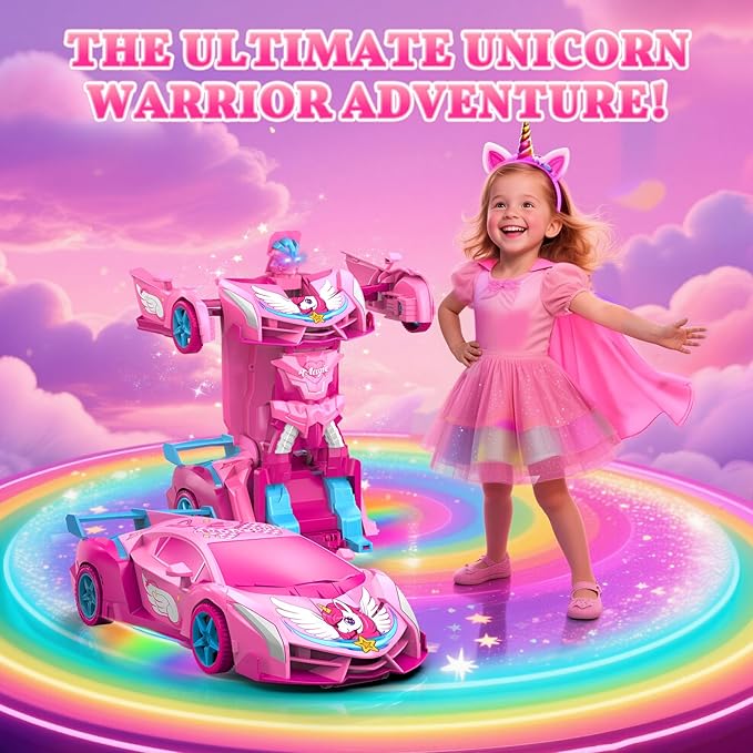 Unicorn Transform RC Cars for Girls Toys with Rainbow Eyes &amp Underbody Lights Fast 360°Rotation &amp 2.4GHz Robot Remote Control Car One-Button DeformationEaster Basket Stuffers for 3-12 Year O