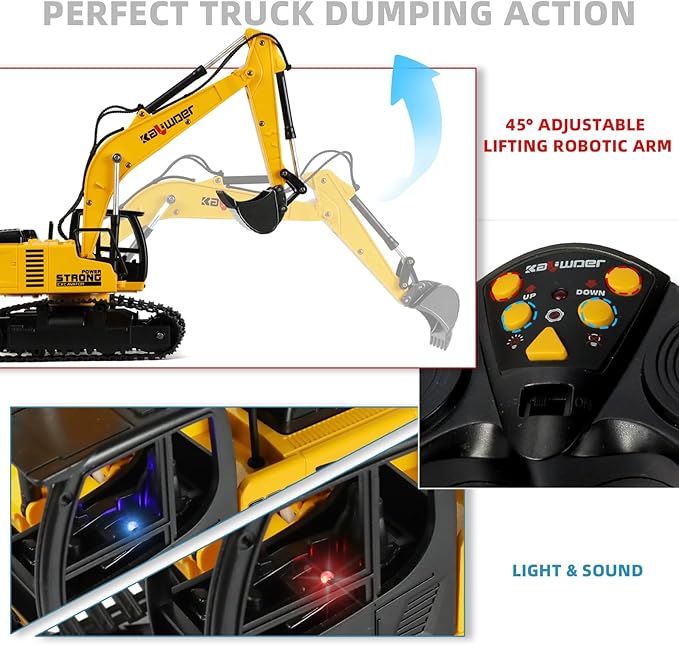 Remote Control Excavator for Boys Metal Bucket Construction Vehicle - Includes 2 Rechargeable Batteries for 40+ Mins Play 1/24 Scale Realistic Sound &amp Lights STEM Gift for Kids 3-12