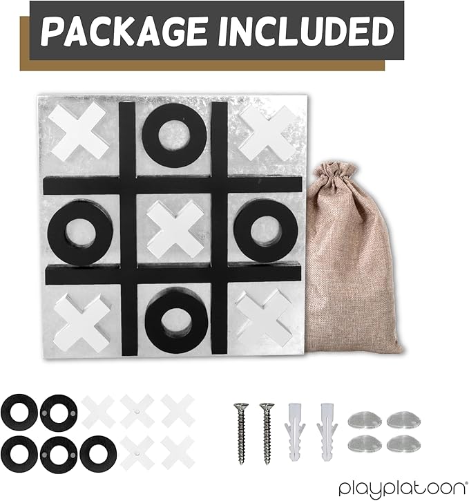 Play Platoon Magnetic Tic Tac Toe Game - Large Metal and Wooden Wall Mounted Board Games - 13.5 Inch Table Top or Wall Mounted Farmhouse Rustic for Game Room - Black &amp White