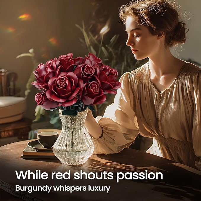 iATOM Burgundy Red Rose Bouquet Building Set 12Pcs Flower Botanical Collection Kit for Adult Valentine's Day Gift for Her/Girlfriend/Mom/Wife/Couple Vintage Home Office Table Centerpiece Decor
