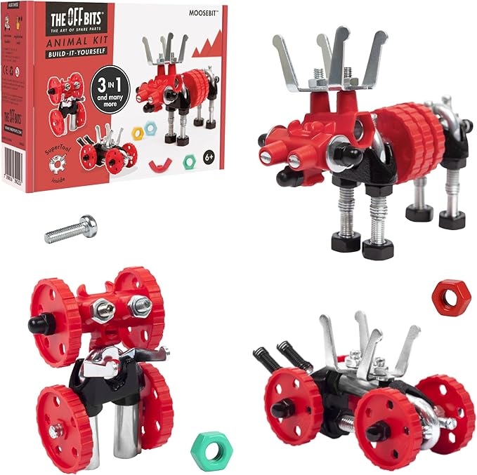 The Off Bits Erector Set: Animal Mini STEM Toys for Kids 6+ Toy Building Sets with Nuts &amp Bolts STEM Building Toys Gifts for Boys and Girls (Red Moose)