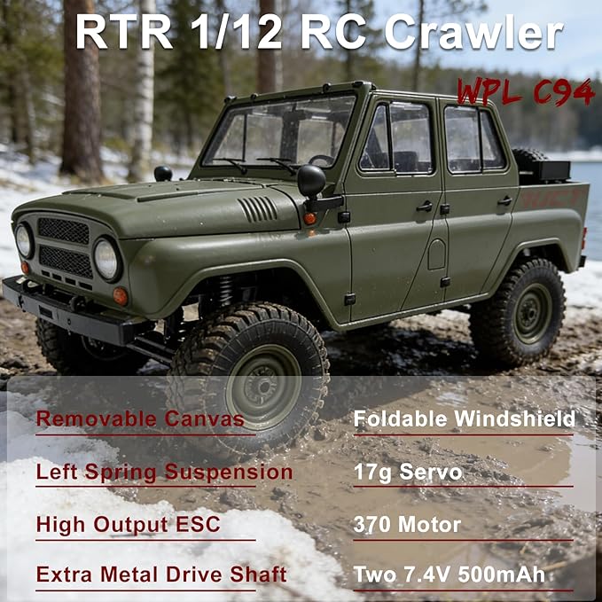 YUCT WPL C94 RC Crawler - 4x4 1/12 Military RC Truck 2.4GhZ Off-Road Vehicle with Two Batteries &amp Metal Drive Shaft (Green)