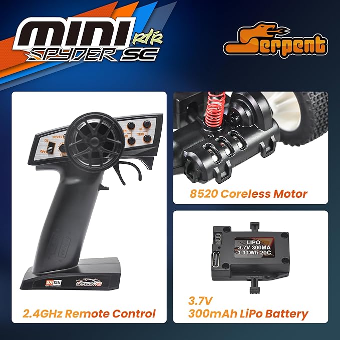 Serpent 1:24 Mini Spyder RC Car with Gyro 1/24 Scale 2.4GHz Short Course Truck All Terrain Off-Road Buggy RTR High Performance with 1 Battery 1 USB Data Cable