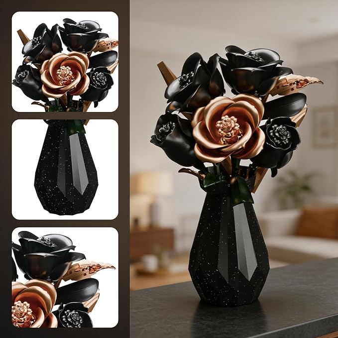 Black Roses Flower Bouquet Building Set with Vase - 255 Pcs Botanical Collection with Rose Gold Accent Artificial Floral Centerpiece Gothic Home Decor Gift for Adults
