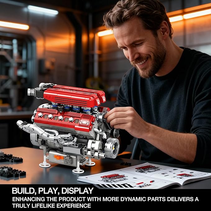 Reobrix V8 Engine Building Set for Adults 1101 PCS Mechanical Building Blocks with Realistic Engine Motor Car Engine Engineering DIY Model Kit STEM Educational Gift for Car Lovers &amp Collectors