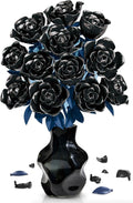 Rose Rotating Everlasting Flower Building Set Compatible Artificial Bouquet Elegant Home/Office Decor Accent for Tabletop Display Long-Lasting Home Decoration (Black)