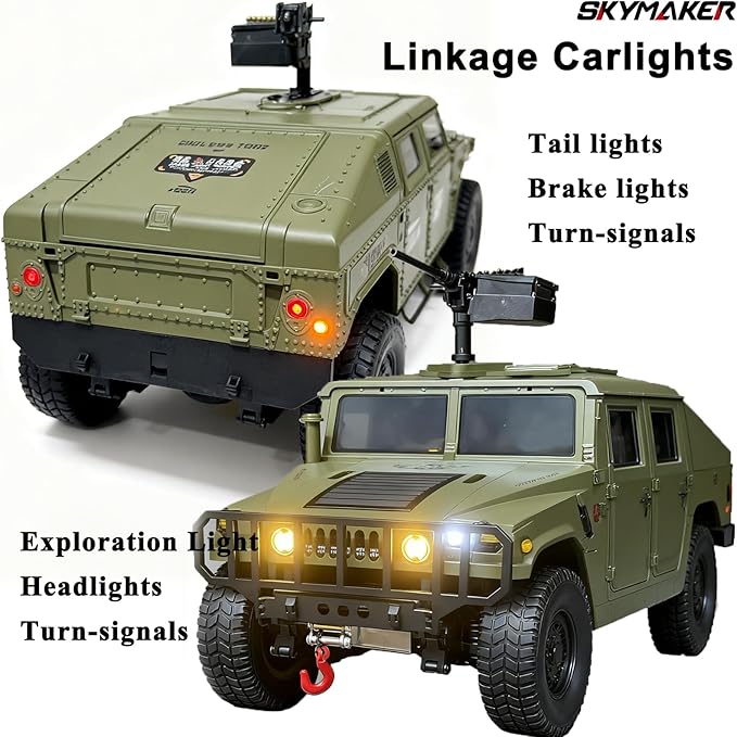Skymaker H1 RC Crawler 4WD Military Car with Cannon and Winch Accessory RTR Off-Road Remote Control Cars for Adults Linkage Carlights and Steering Wheel (Olive Green)