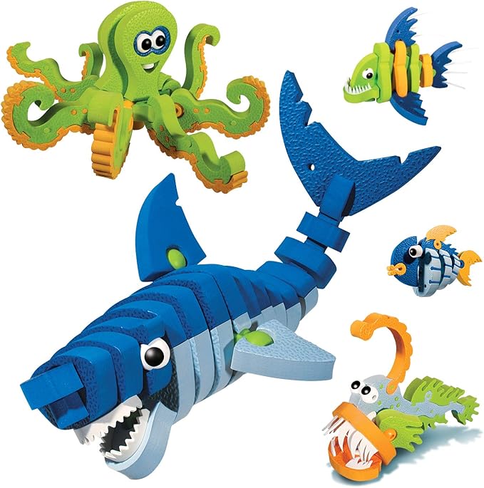 Bloco Toys Marines Creatures | STEM Toy | Shark Octopus Piranha Deep Sea &amp Tropical Fish | DIY Educational Building Construction Set (235 Pieces)
