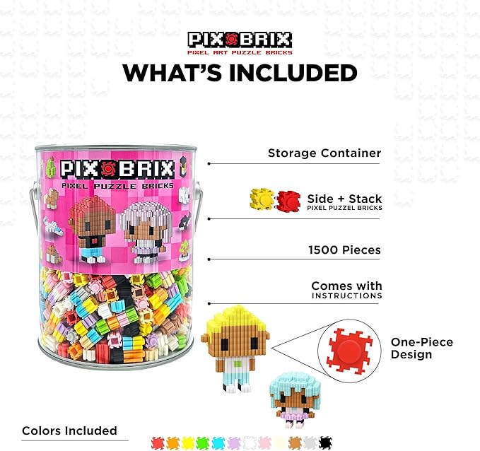 Pix Brix Pixel Art kit Puzzle Bucket - 1500-Piece Kit with 12-Color Light Palette – Patented Interlocking Building Bricks for 2D and 3D Creations – STEM Toy for Ages 6+