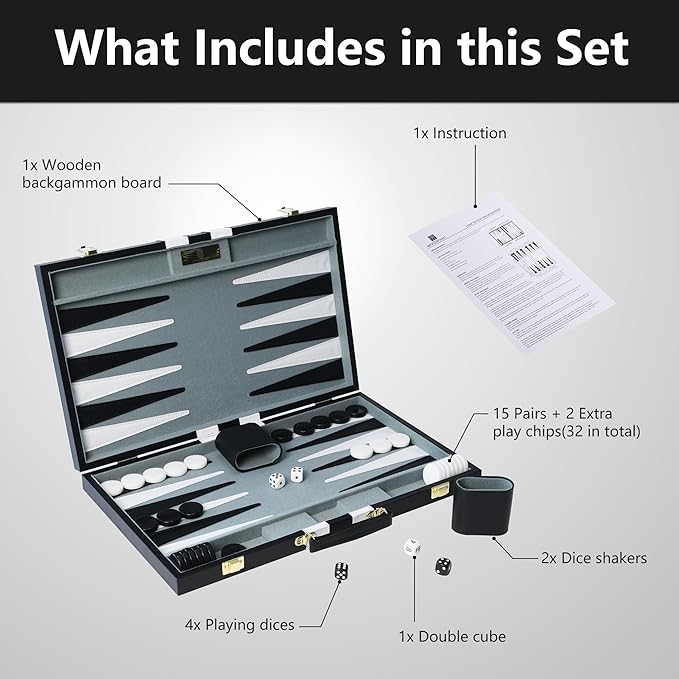 Large Backgammon Sets for Adults 18 inch Black Travel Backgammon Board Game Sets Classic Board Game with Premium Leather Case Portable Travels Strategy Backgammon Game Set for Adults
