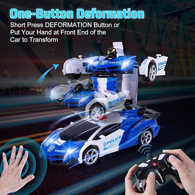 Wrystte Remote Control Police CarGesture Sensing Transform Robot 2.4G RC Cars Toys for Ages 4-12Boy Toys with Light MusicOne Button Deformation360 Rotating Drift Xmas Birthday Gift for Boys Girls