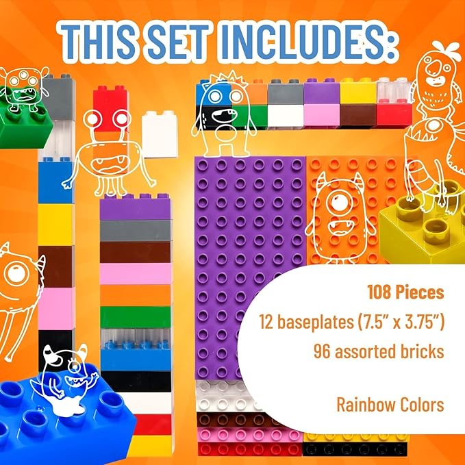 Strictly Briks Big Brick Building Set - Stackable Block Set &amp Base Plates - Vibrant Rainbow Block Variety - Compatible with Lego for Expanded Play - 96 Pieces Rainbow