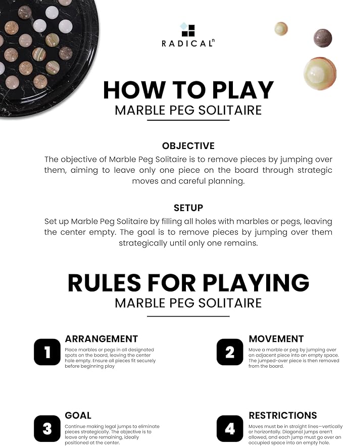 Marble Solitaire Game 10 Inch Oceanic Handmade Peg Solitaire Board Game with Marbles Classic Marble Puzzle Game for Adults Modern Tabletop Brain Teaser