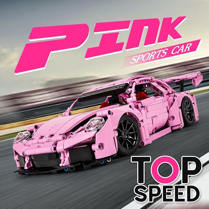 Pink Sports Car Building Blocks Set Toy Collectible MOC Car Model Building Blocks for Adults and Kids (1388 PCS)