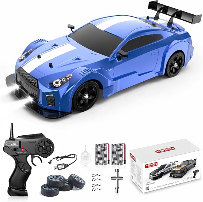 Remote Control Car RC Drift Car 1:16 Scale 4WD 18KM/H High Speed Model Vehicle 2.4GHz with LED Lights Spray Rubber Tire Racing Sport Toy for Adults Boys Girls Kids Gift 2Pcs Rechargeable Batteries