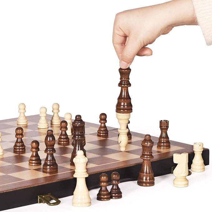 Chess Magnetic Wooden Chess Set 15 Unique Chess Board Game with Chess Pieces Storage Slots Tournament Portable Folding Travel Chess Sets for Kids Adults Beginner and Pros 2 Extra Queens