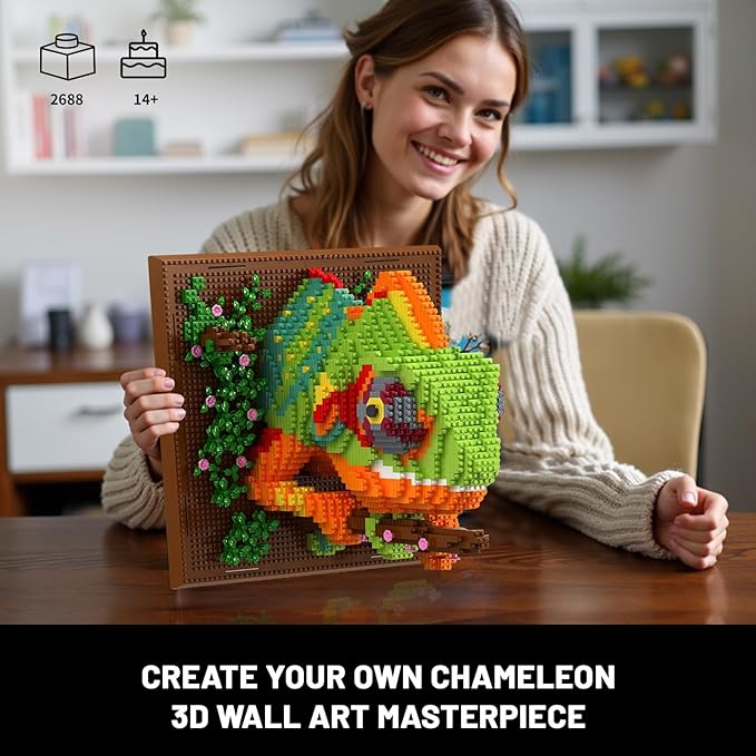 Chameleon Animal 3D Wall Art Micro Mini Building Blocks Set for Adults Unique Home Wall Decor or Table Display No Compatible with Lego Ideal Birthday Christmas Toy Gift for Teens (2688 PCS)