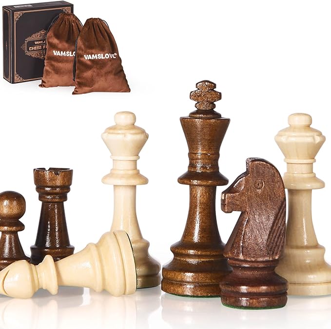 Vamslove Wooden Heavy Weighted Chess Pieces Only-3.8'' King-Extra 2 Queens-34 Wood Tournament Chessmen for Chess SetVelvet Storage Bags Included