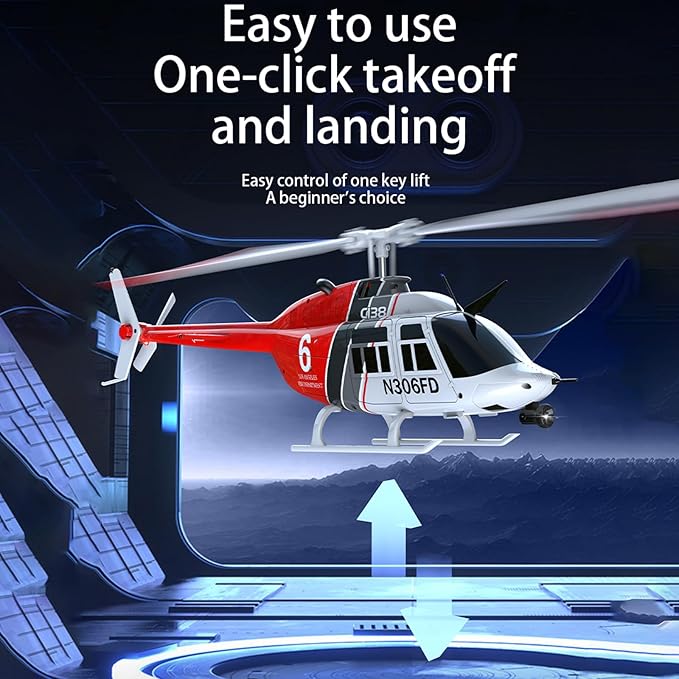 C138 Remote Control Helicopter 1:33 Scale Bell206 Helicopter 2.4G 4CH RTF Single Propeller Aileron Free Six-axis Gyroscope Modular Battery One-Touch Function Gift for Adults 2 Batteries
