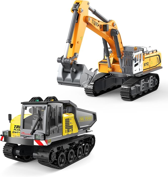 Adult Metal Mini Remote Control Excavator and Dump Truck 1:50 Scale Features a Lever-Driven Digging System and Comes with Two Batteries Making it an Ideal for Model Enthusiasts and Children