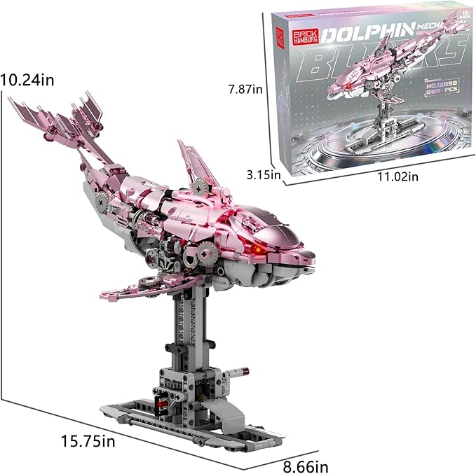 888-PCS Mechanical Pink Dolphin Building Set with LED Light Movable Linkage Gears Display Stand - Ocean Building Block Toy for Adults Teens Kids Age 12+