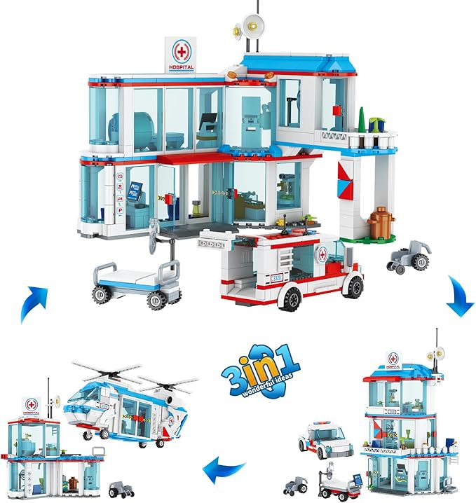 City Hospital STEM 3 in1 Building Sets Compatible with Lego Ambulance Tor Truck Rescue Helicopter Connect to Other City Sets 687 PCS Best Gift for 6 7 8 9 10 Boys