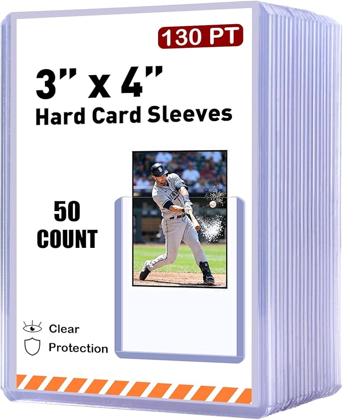 50ct 130pt 3x4 Hard Card Sleeves - Hard Plastic Trading Card Protector Rigid Clear Open-Top Card Sleeve Fits Standard Thick Trading Baseball Sports Game Collectible Cards
