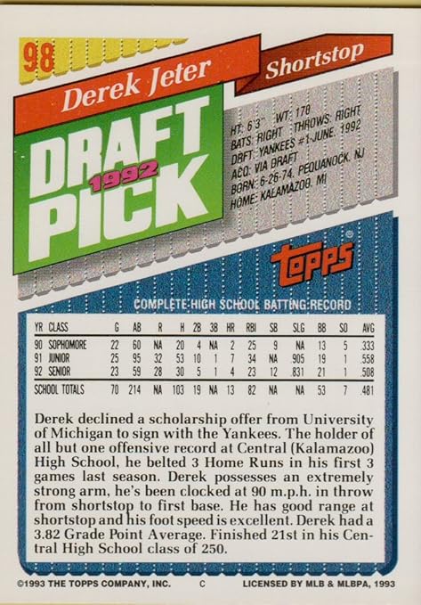 DEREK JETER ROOKIE CARD - 1993 TOPPS1992 DRAFT PICK BASEBALL CARD #98 (NEW YORK YANKEES) FREE SHIPPING