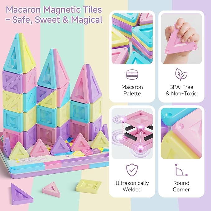 Mini Magnetic Tiles Girls Travel Set: 40 PCS Macaron Building Block with Tin Box - 90 Mins Quiet Play 45s Cleanup - Fly Trip Road Trip Toys for Kids Age 3 4 5 6